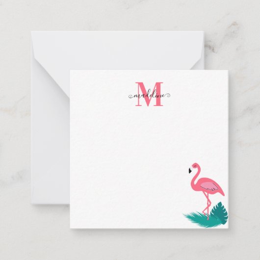 Stijlvolle Monogram Tropisch Roze Flamingo Square  Notitiekaartje (Voorkant)
