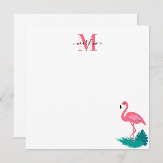 Stijlvolle Monogram Tropisch Roze Flamingo Vierkan Notitiekaartje (Voorkant / Achterkant)