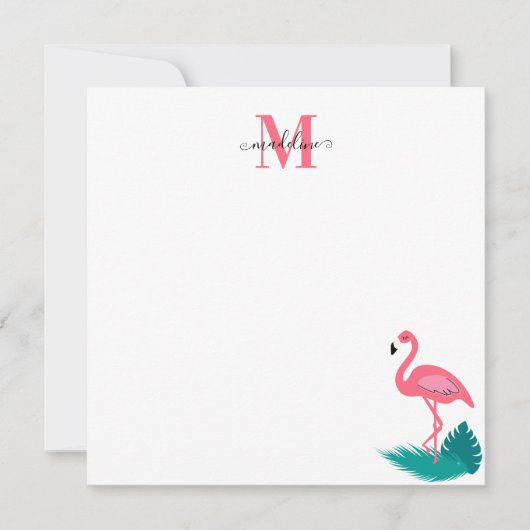 Stijlvolle Monogram Tropisch Roze Flamingo Vierkan Notitiekaartje (Voorkant)