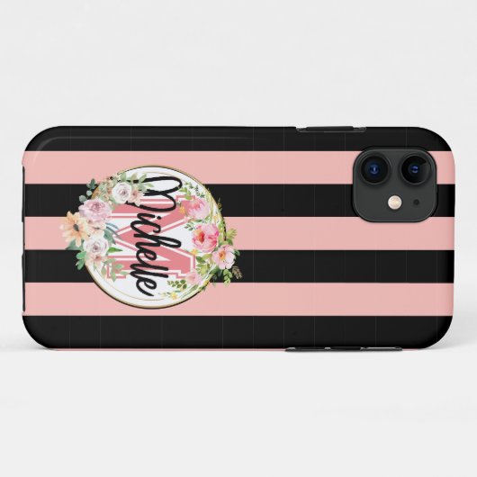 Stijlvolle monogrammed Flowers en zwarte roze stre Case-Mate iPhone Case (Achterkant (horizontaal))