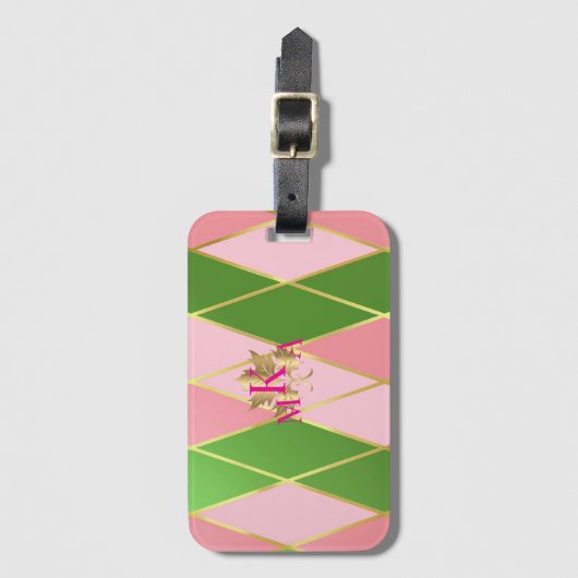 Stijlvolle Monogrammed Roze en Groene Argyle Bagagelabel (Voorkant (verticaal))