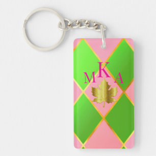 Stijlvolle Monogrammed Roze en Groene Argyle Sleutelhanger