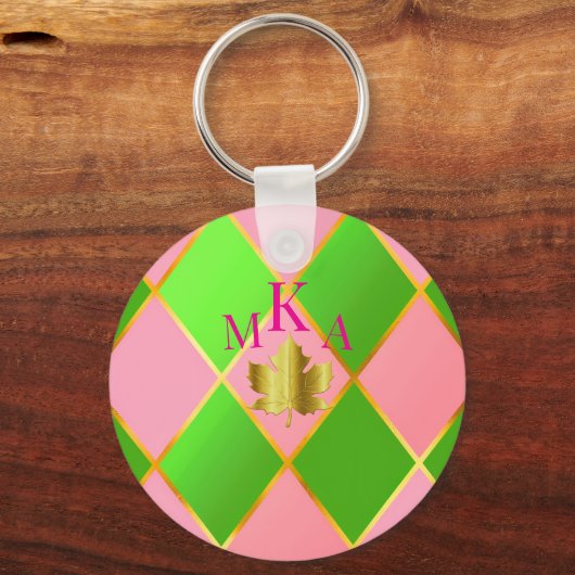 Stijlvolle Monogrammed Roze en Groene Argyle Sleutelhanger (Voorkant)