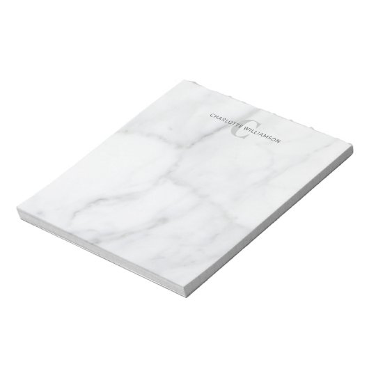 Stijlvolle monogrammen naam in witte grijze marmer notitieblok (Linkerzijde)