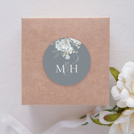 Stijlvolle mosterd Blauwe Floral Eenvoudige monogr Ronde Sticker