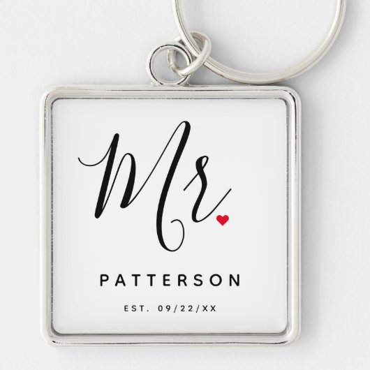 Stijlvolle Mr Custom Last Name & Date Wedding Sleutelhanger (Voorkant)