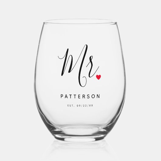 Stijlvolle Mr Custom Last Name & Date Wedding Wijnglas Zonder Voet (Voorkant)