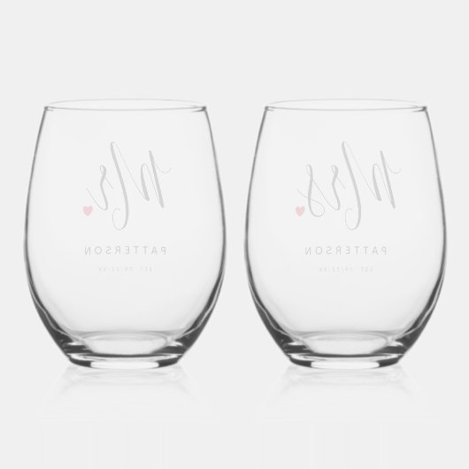 Stijlvolle Mr & Mrs Custom Achternaam & Datum Huwe Wijnglas Zonder Voet (Achterkant)