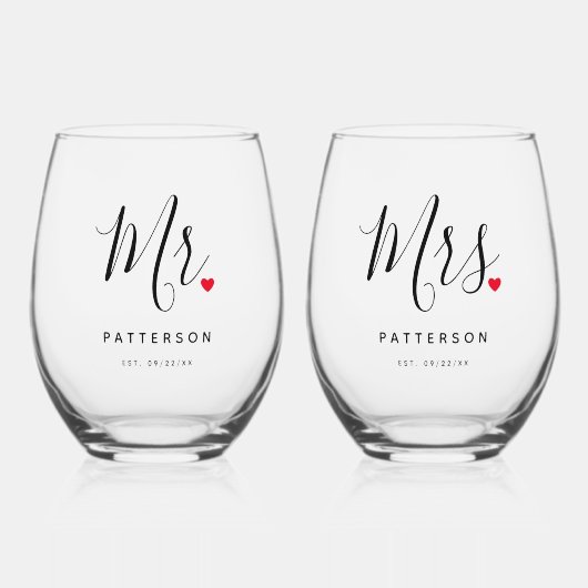 Stijlvolle Mr & Mrs Custom Achternaam & Datum Huwe Wijnglas Zonder Voet (Voorkant)