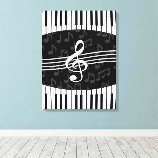 Stijlvolle Muzieknoten Treble Clef en Piano Keys Canvas Afdruk (Insitu (Houten vloer))