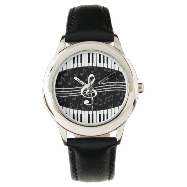 Stijlvolle Muzieknoten Treble Clef en Piano Keys Horloge (Voorkant)