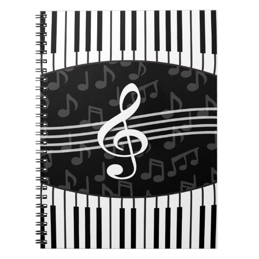 Stijlvolle Muzieknoten Treble Clef en Piano Keys Notitieboek (Voorkant)