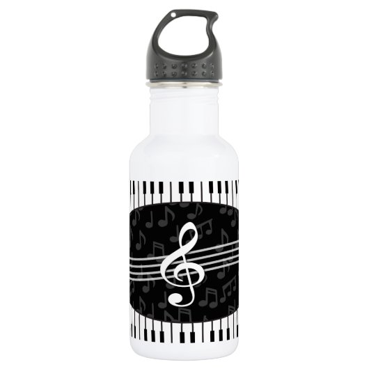 Stijlvolle Muzieknoten Treble Clef en Piano Keys Waterfles (Voorkant)