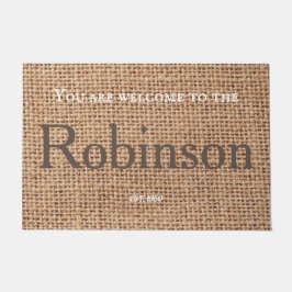 Stijlvolle naam: burlap text in brown farmhouse co deurmat