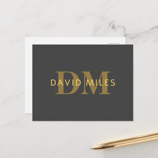 Stijlvolle naam en monogram | Goud en donkergrijs Briefkaart (Voorkant / Achterkant in situ)