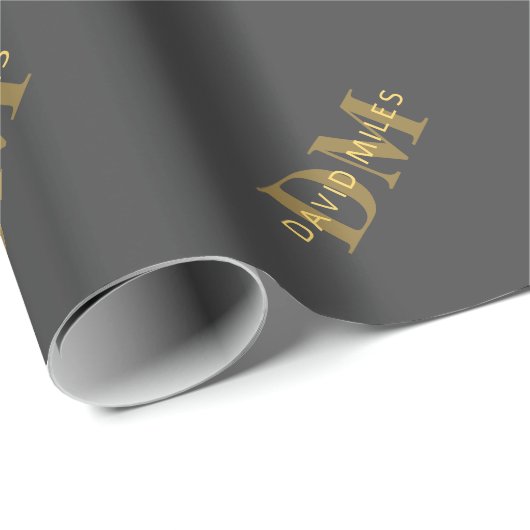 Stijlvolle naam en monogram | Goud en donkergrijs Cadeaupapier (Rol Hoek)