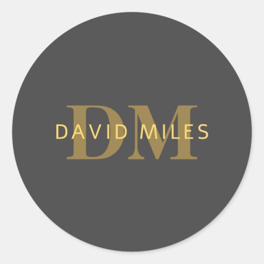 Stijlvolle naam en monogram | Goud en donkergrijs Ronde Sticker (Voorkant)