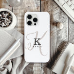 Stijlvolle naam met kalligrafie Monogram op wit iPhone 15 Pro Max Hoesje<br><div class="desc">Stijlvol en mooi, dit unieke monogram iPhone-hoesontwerp toont het initiaal van uw voornaam in zowel een eenvoudig serif-lettertype als een elegant kalligrafisch lettertype op de achtergrond. Jouw naam wordt weergegeven onder uw monogram initiaal in dit unieke typografie aangepaste ontwerp. De drie elementen gaan samen met een verfijnde harmonie en creëer...</div>