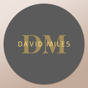Stijlvolle naam & monogram Goud & donkergrijs Ronde Sticker