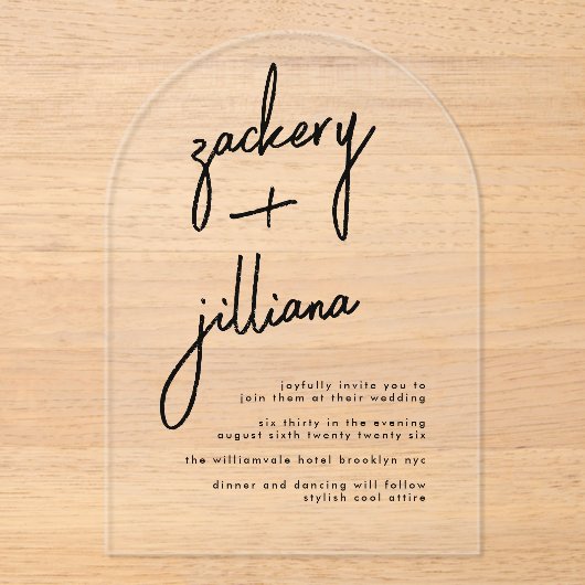 Stijlvolle NAMEN Modern Zwart & Wit Trouwen Acryl Uitnodigingen (Voorkant)