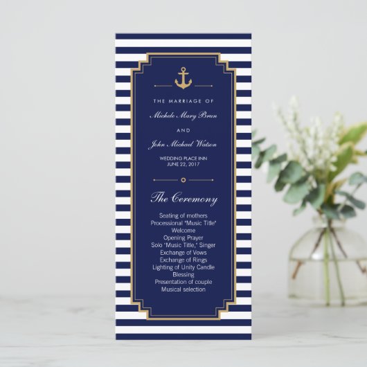Stijlvolle Nautical Blue Wedding Program Rack Kaar Programmakaart (Staand voorkant)
