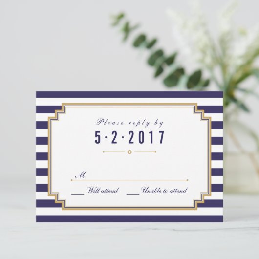 Stijlvolle Nautical Blue White Wedding RSVP Kaart (Staand voorkant)