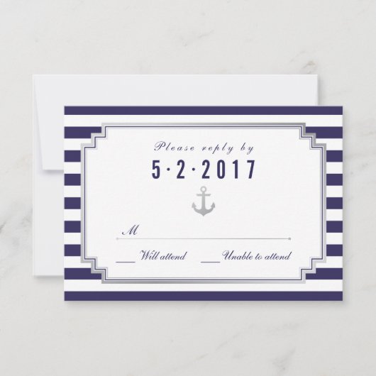 Stijlvolle Nautical Custom Navy White RSVP-kaart RSVP Kaartje (Voorkant)
