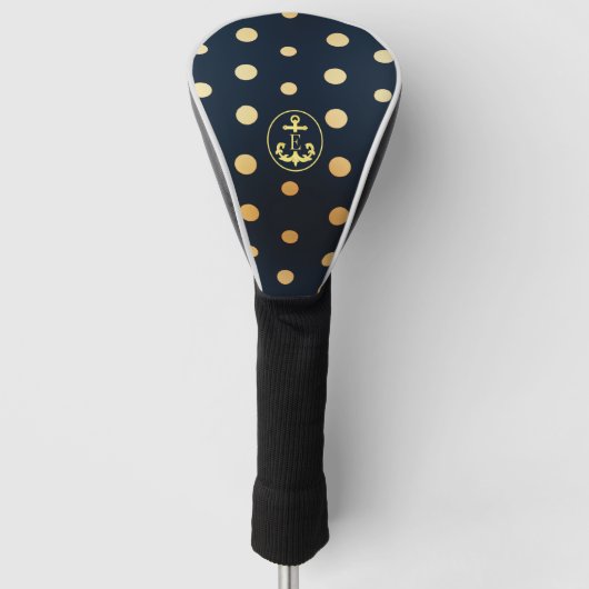 Stijlvolle Nautical Navy Blue & Gold Anker Monogra Golfheadcover (Voorkant)