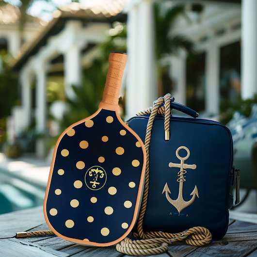 Stijlvolle Nautical Navy Blue & Gold Anker Monogra Pickleball Paddle