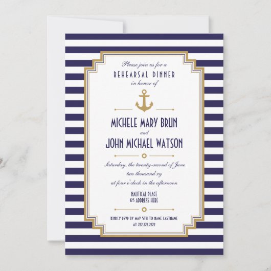 Stijlvolle Nautical Rehearings Dinner Invitation Kaart (Voorkant)