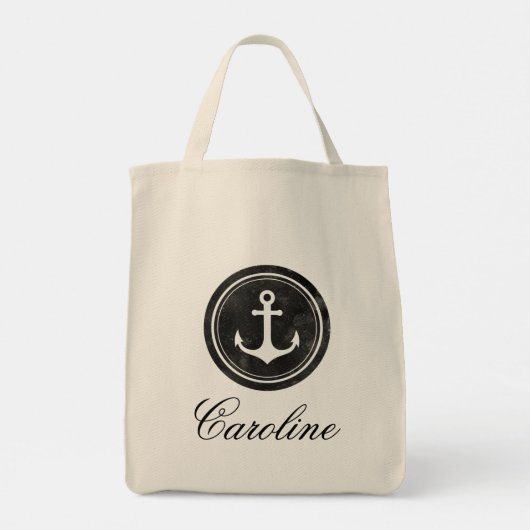 Stijlvolle nautische zwarte anker uw naam boodscha tote bag (Achterkant)
