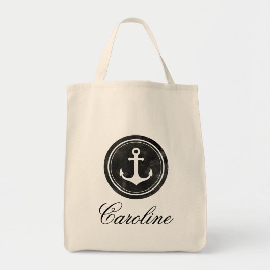 Stijlvolle nautische zwarte anker uw naam boodscha tote bag (Voorkant)