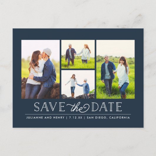 Stijlvolle Navy 4 foto Save the Date Briefkaart (Voorkant)