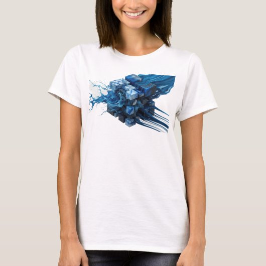 Stijlvolle Navy Abstracte Kubussen Kunstprint T-shirt (Voorkant)