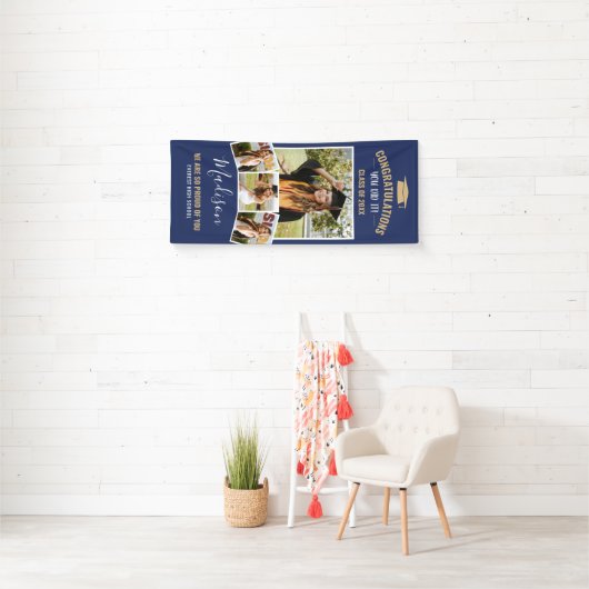 Stijlvolle Navy Blue 4 Photo Collage Afstuderen Spandoek (Insitu)