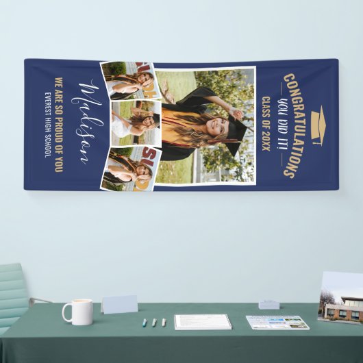 Stijlvolle Navy Blue 4 Photo Collage Afstuderen Spandoek (Beurs)