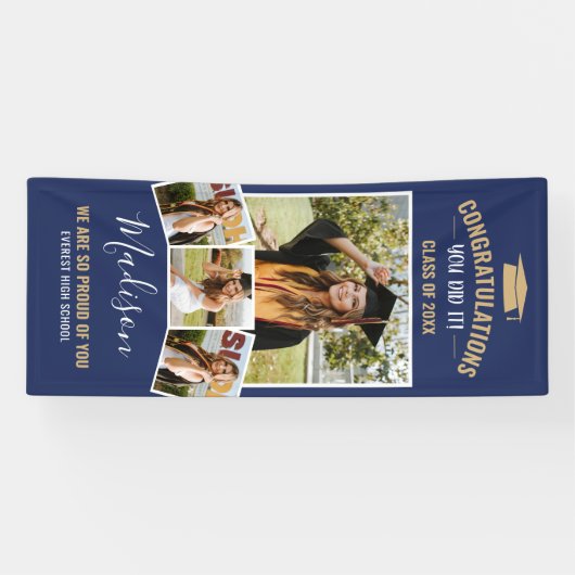 Stijlvolle Navy Blue 4 Photo Collage Afstuderen Spandoek (Horizontaal)