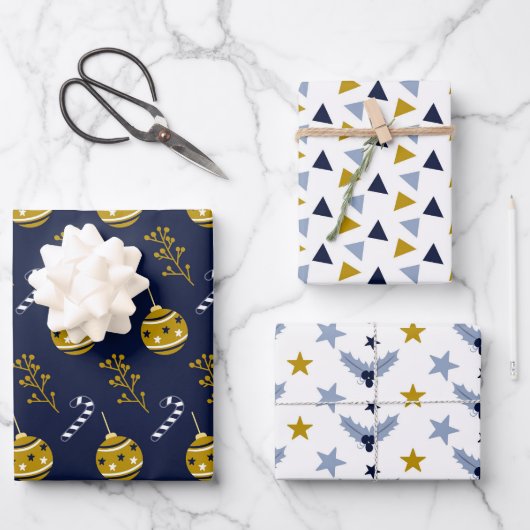 Stijlvolle Navy Blue Christmas Thema Mix Trio Inpakpapier Vel (Voorkant)