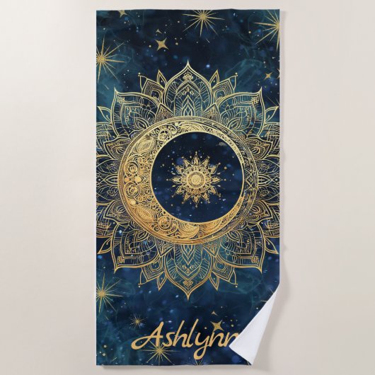 Stijlvolle Navy Blue Gold Glitter Custom Sun Manda Strandlaken (Voorkant)