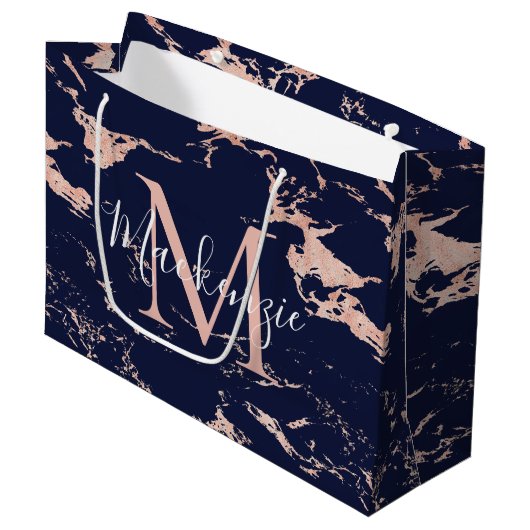 Stijlvolle Navy Blue Marble Roos Gold Folie Monogr Groot Cadeauzakje (Voorkant Gekanteld)