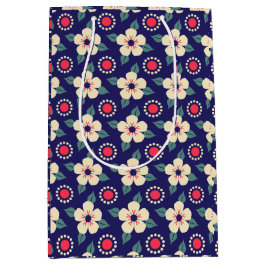 Stijlvolle Navy Blue met Cream Flowers Gift Bag Medium Cadeauzakje