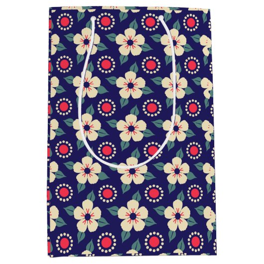 Stijlvolle Navy Blue met Cream Flowers Gift Bag Medium Cadeauzakje (Voorkant)