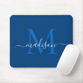 Stijlvolle Navy Blue White Monogram Script Modern Muismat (Met muis)