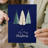 Stijlvolle Navy Night Sky Stars Pine Trees Kerstmi Feestdagen Kaart