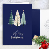 Stijlvolle Navy Night Sky Stars Pine Trees Kerstmi Feestdagen Kaart