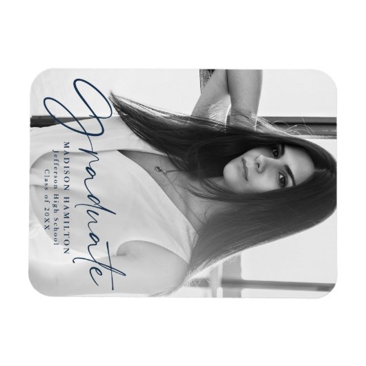 Stijlvolle Navy Script Afstuderen Aankondigingsfot Magneet (Horizontaal)