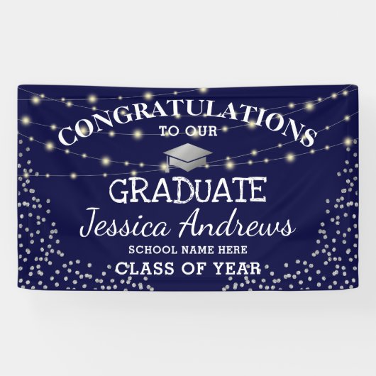 Stijlvolle Navy & Sliver Klasse van 2025 Afstudere Spandoek (Horizontaal)