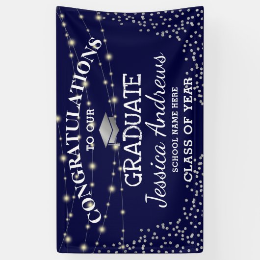 Stijlvolle Navy & Sliver Klasse van 2025 Afstudere Spandoek (Verticaal)