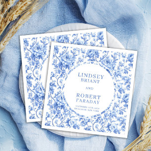 Stijlvolle Navy Toile Rozen Persoonlijke Trouwdag Servet