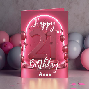 Stijlvolle Neon Pink Glowing Balloons 21e verjaard Kaart